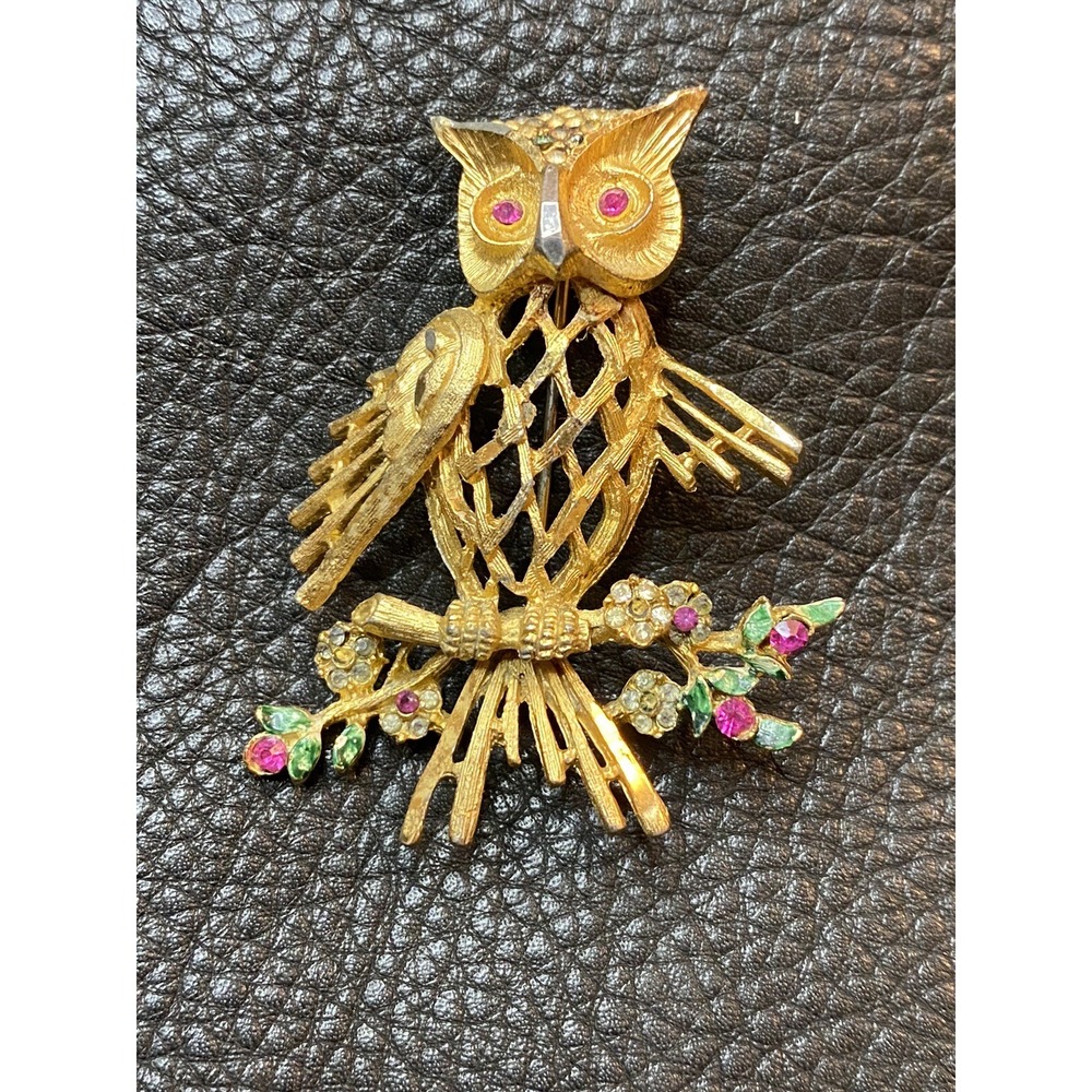 BSK Signed gilded gold vermeil hardware"Owl Among Floral"brooch filigree Crystal
